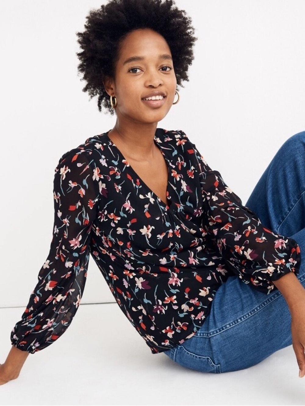 MADEWELL BLACK FLORAL LONG SLEEVE BLOUSE